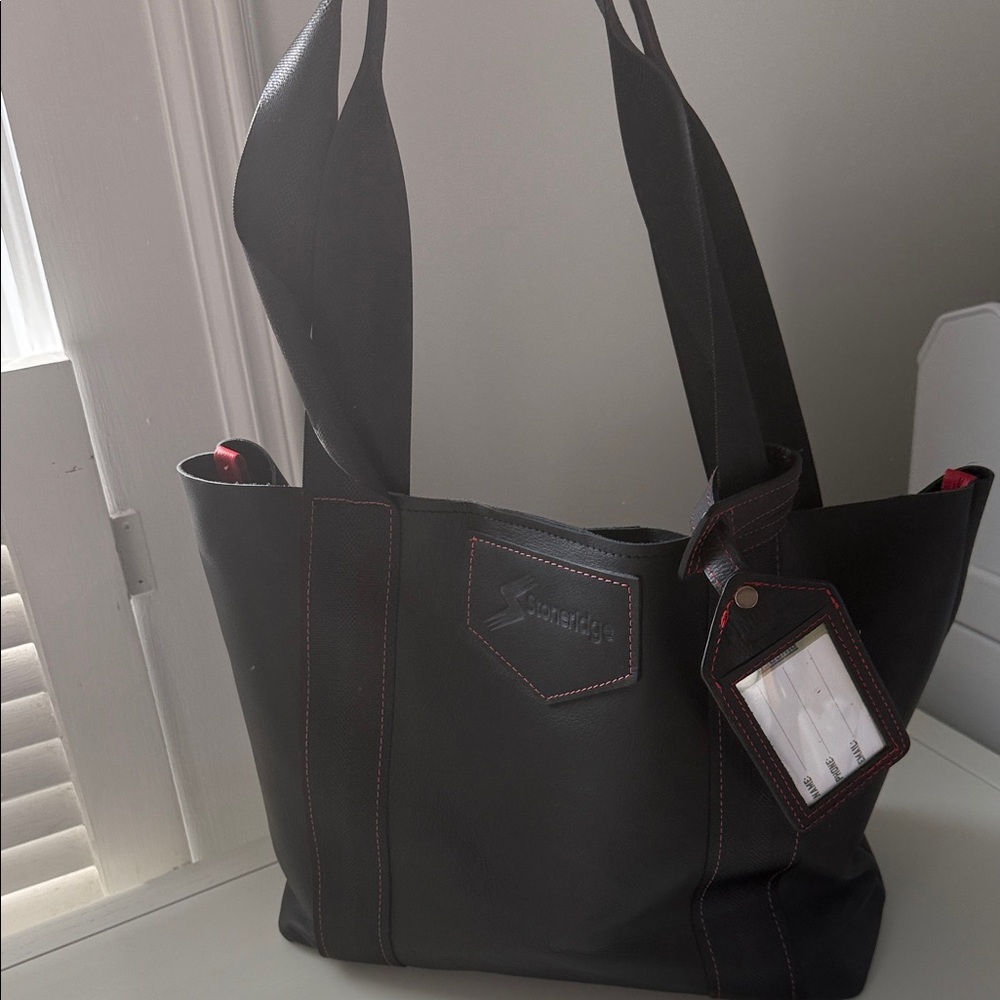 Stylish Black leather Tote with Red Stitching